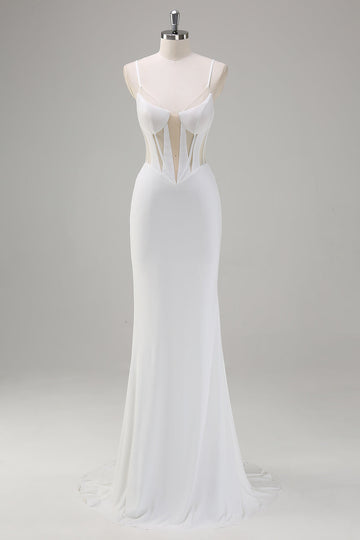White Mermaid Spaghetti Straps Corset Long Wedding Dress with Lace Up Back